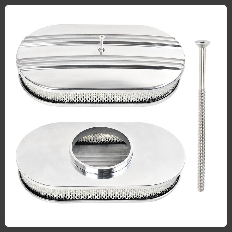 TBAPFS 15" Polished Aluminum Air Cleaner Assembly Kit Alloy Oval Partial Half Finned with Element - Image 2